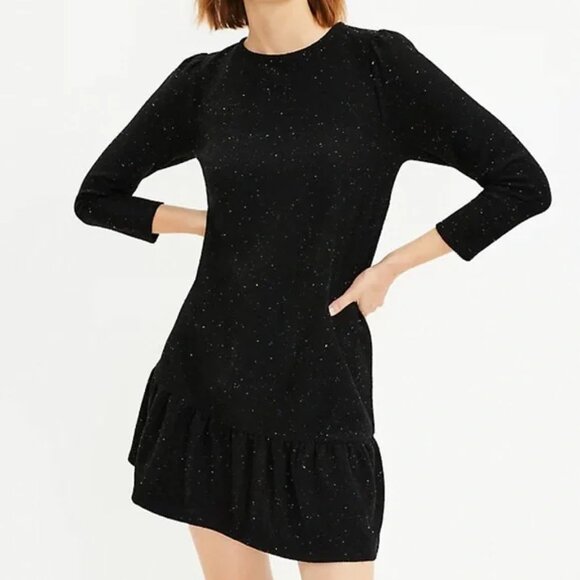 LOFT LARGE Black Multicolored Textured Flounce 3/4 Sleeve Knit Dress - Picture 2 of 11